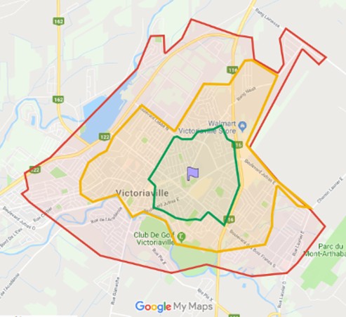 carte affichant les zones de déplacements